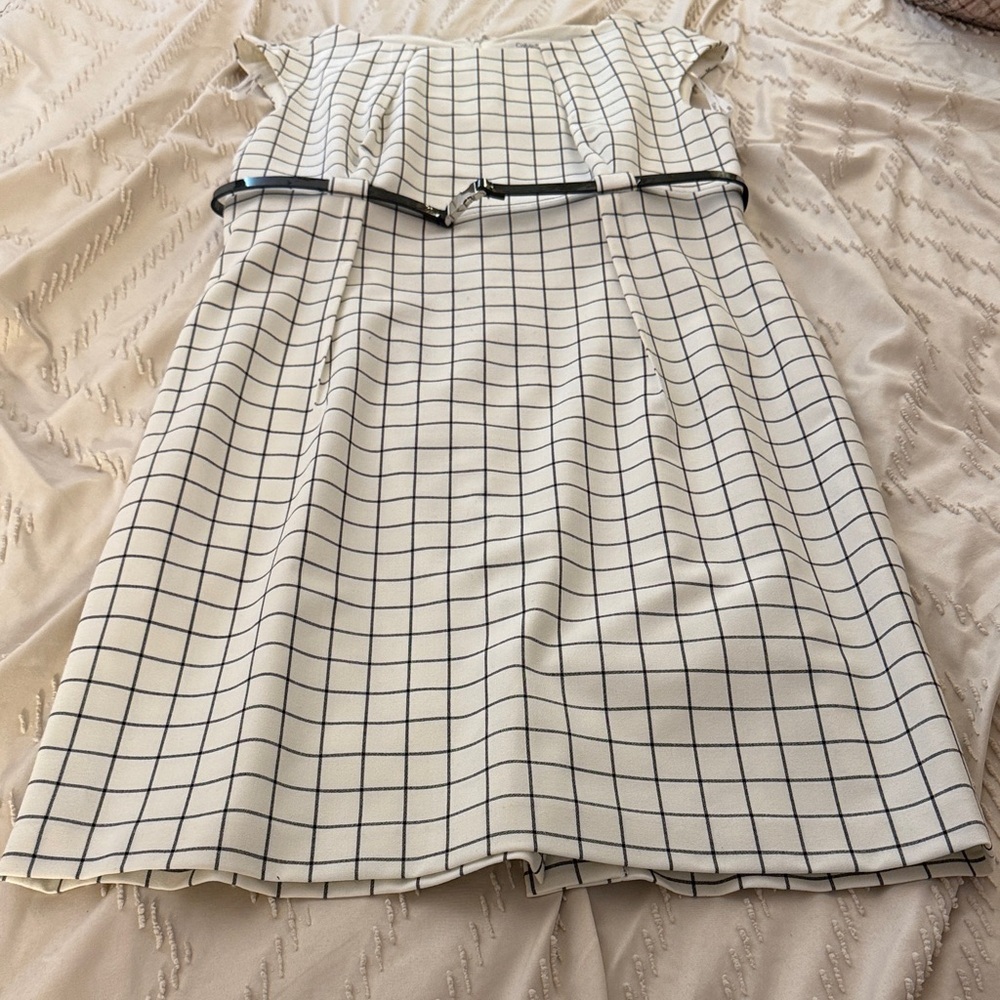 Cream and Black Checkered Calvin Klein Dress with Belt - Picture 2 of 7